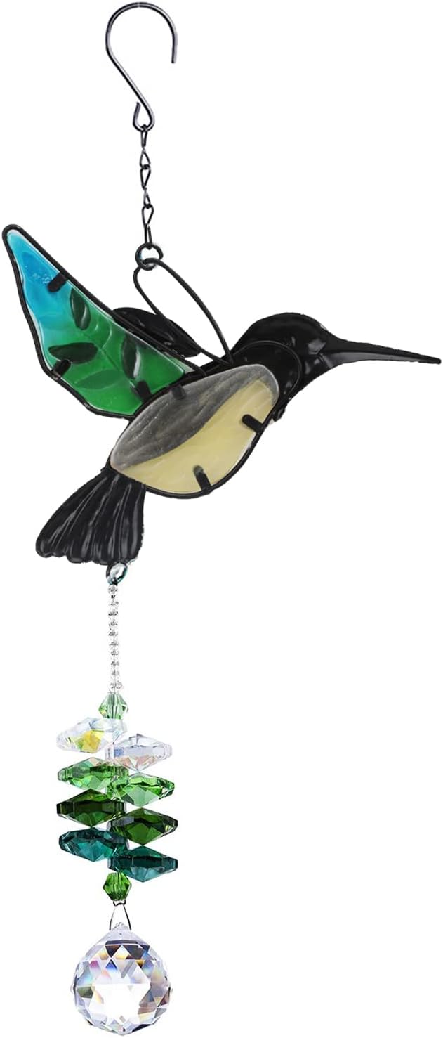 RUIXIA Crystal Hummingbird Suncatcher Stained Glass Beads Rainbow Maker Window Wall Hanging Prism Pendant Garden Outdoor Home Decor Ornaments, Green Hummingbird