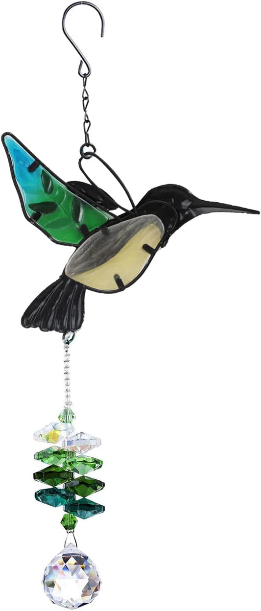 RUIXIA Crystal Hummingbird Suncatcher Stained Glass Beads Rainbow Maker Window Wall Hanging Prism Pendant Garden Outdoor Home Decor Ornaments, Green Hummingbird