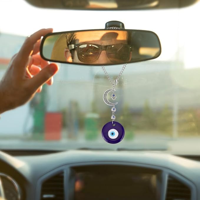Blue Evil Eye Car Hanging Pendant Ornament Evil Eye Beaded Charms with Moon Car Hanging Ornament Suncatcher Good Luck Gift for Easter Rear View Mirror Window Balcony Keychain Home Decor