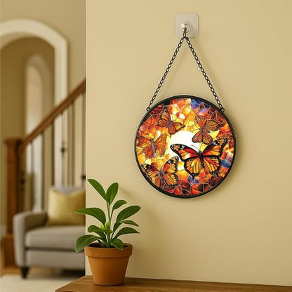 Stained Glass Window Hanging - Dragonfly in Garden 9.8in Sun Catchers Indoor Stained Glass Panels Wall Decor for Mom Wife Lovers Festive