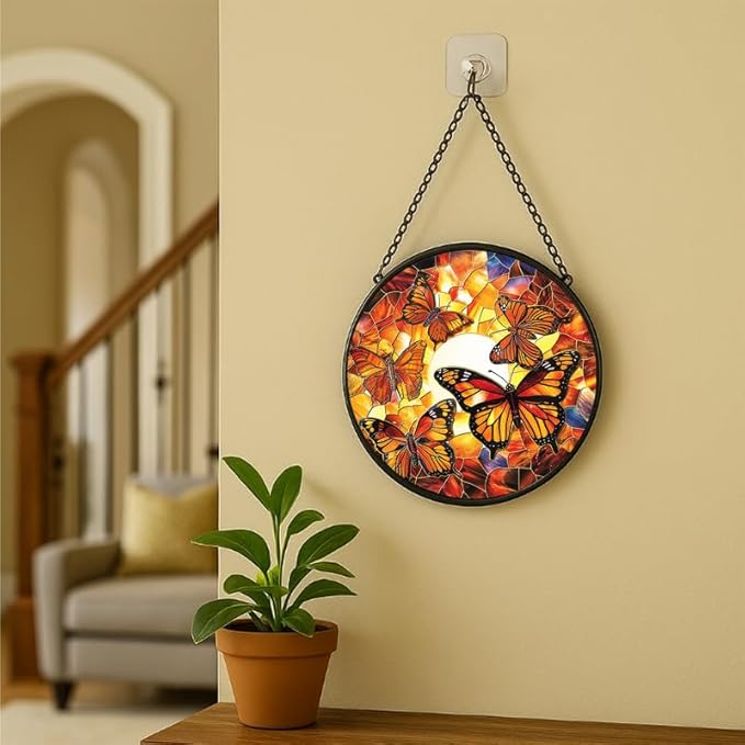 Stained Glass Window Hanging - Dragonfly in Garden 6.3in Sun Catchers Indoor Stained Glass Panels Wall Decor for Mom Wife Lovers Festive