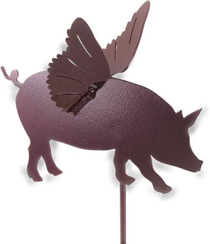 Pets and Farm Animals Metal Garden Landscape Stake (9" Wide Flying Pig on Stake, Metallic Berry)