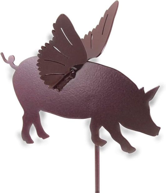 Pets and Farm Animals Metal Garden Landscape Stake (9" Wide Flying Pig on Stake, Metallic Berry)