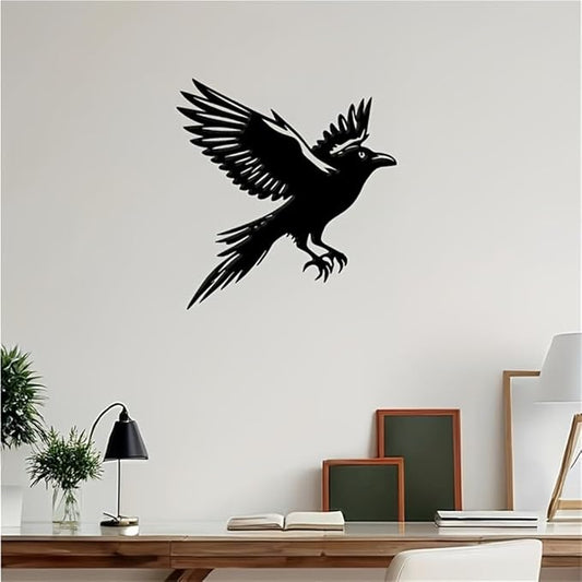 Modern Winged Crow Wall Art - Minimalist Black Metal Raven, Sleek Wrought Iron Bird Decor For Indoor/Outdoor, Contemporary Gothic Home & Garden Statue