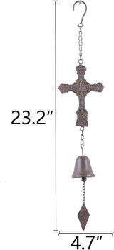 Yamfurvo Distressed Metal Cross Wind Chime, Hanging Wind Bell with Diamond Wave & S Hook, Decorative Embossed Cross Chime with Musical Melody for Garden, Patio, Balcony