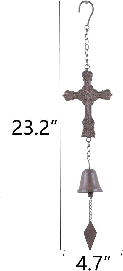 Yamfurvo Distressed Metal Cross Wind Chime, Hanging Wind Bell with Diamond Wave & S Hook, Decorative Embossed Cross Chime with Musical Melody for Garden, Patio, Balcony