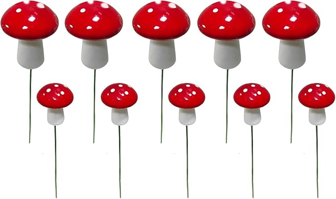 10Pcs Red Garden Stakes Mushroom Miniatures Indoor Outdoor Silhouette Fairy Garden Lawn Yard Decorations Lawn Inset Craft Decorative Garden Stakes Outdoor Decor