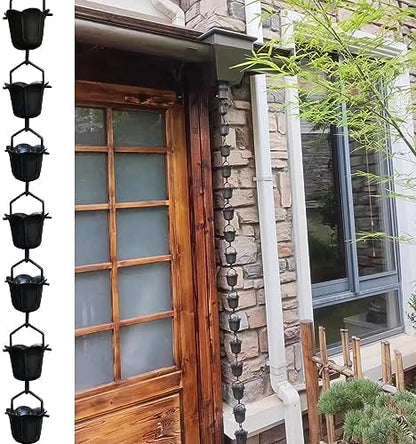 Decorative Rain Chains Waterfall, Black Copper Rain Chains for Gutters, Home Rain Decorative Rain Catcher Chain 100/200/300cm Long, Outdoor Water Feature Eaves Drainage Cups (3.6m/10.4ft)