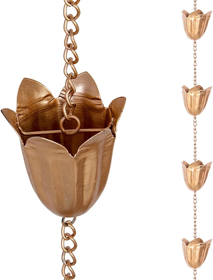 Rain Chains for Gutter, 8.3 Ft Tulip Rain Water Chain with 12 Cups, Adjustable Gold Rain Catcher Chain, Replacement Downspout for Gutters, Eaves Drainage Decor