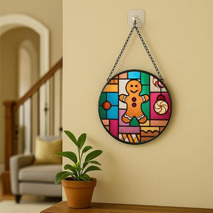 Stained Glass Window Hanging - Christmas Color Block Gingerbread Cookie with Peppermint Ornaments Sun Catchers Panel for Indoor Decorative Display for Mom,Wife,Lovers,Festive