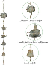 Jemeni 40" H Teapot & Cups Rain Chime with Bell Hanging, Green Patina…