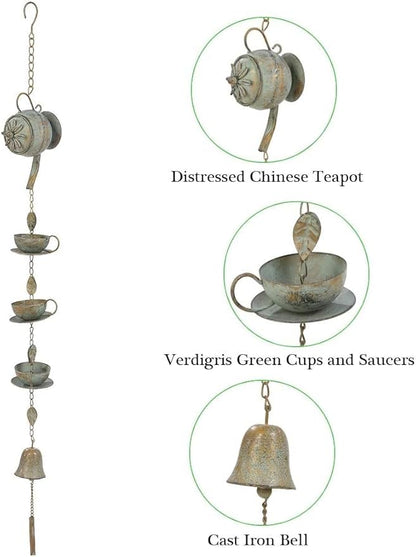 Jemeni 40" H Teapot & Cups Rain Chime with Bell Hanging, Green Patina…