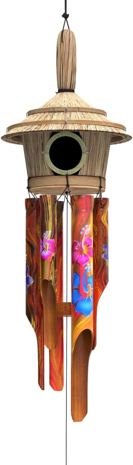 Nalulu Flory Bamboo Wind Chimes - Oustide Outdoor Wooden Windchimes with Birdhouse, Handcrafted with Calming Deep Tones, Ideal Home Decor or Gift for Him and Her