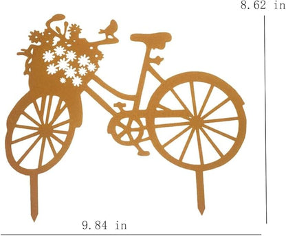 Yard Art Garden Metal Statue Decor,Lifelike Bicycle Stakes Outdoor Decorations,Black Hollow Out Iron Silhouette Sets for Farmhouse Pathway Lawn (Rust)