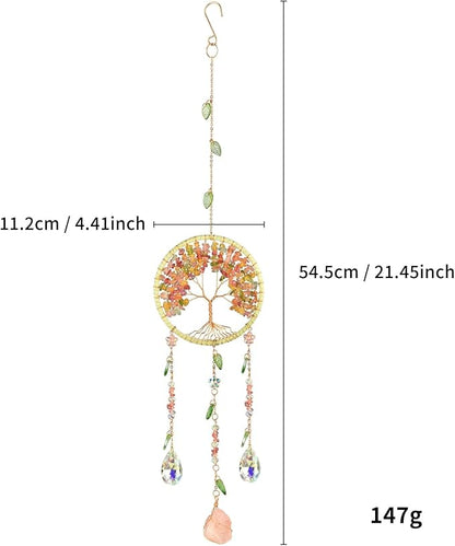 Tree of Life Dream Catchers Crystal Suncatcher with Crystal Prisms & Rose Quartz Crystals Decoration for Window Garden Patio Balcony Bedroom Crystal Gift for Audlts Girls Boys