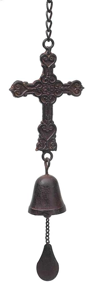 Dicksons Filigree Embossed Cross and Bell Brown 5 x 8 Metal Hanging Indoor Outdoor Wind Chime