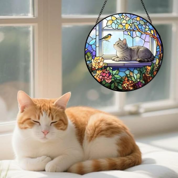 Stained Glass Cat Window Suncatcher, Cat on Windowsill Sun Catcher, Colorful Pet Lover Window Decor Gift