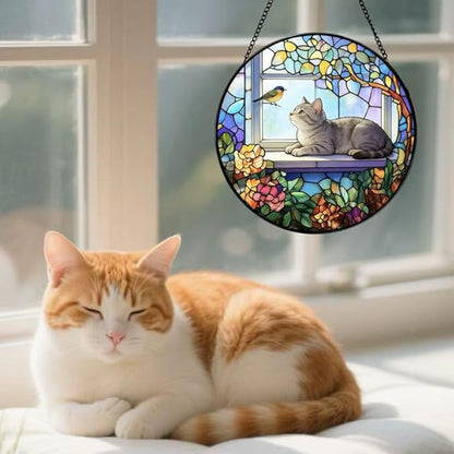 Stained Glass Cat Window Suncatcher, Cat on Windowsill Sun Catcher, Colorful Pet Lover Window Decor Gift