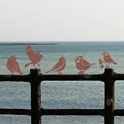 CREATCABIN 5Pcs Rusty Birds Fence Decoration Outdoor Birds Decor for Yard Art Metal Craft Statue Ornaments Iron Sculptures Stakes Rustic Garden Decor for Farmhouse Yard Wall
