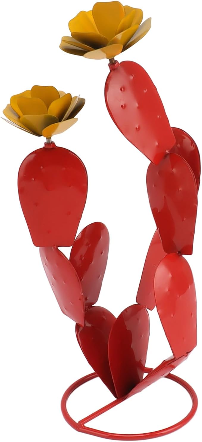 Gavigain Metal Cactus Decorative Sculpture Home Decor Statue, Prickly Pear Cactus with Flowers Iron Rustic Cactus Statue Desert Decor Sculpture for Garden Yard Lawn Patio Red