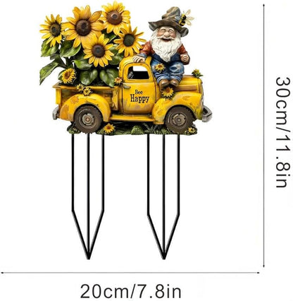 Garden Stake Decor, Acrylic 2D Flat Cute Animal Statue, Fairy Sculptures Ornament Indoor Outdoor Yard Lawn Pot Plant Decorative Accessories (A Truck Filled with Sunflowers)