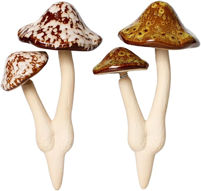 Ceramic Mushroom Outdoor Decor-2pcs Mushroom Statue Decor for Garden, Lawn, Fairy Garden Stakes 8.27'' in Height