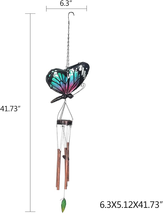Asense Hanging Wind Chimes for Outside, Solar Powered LED Lights Butterfly Wind Chime, Outdoor Garden Lawn Yard Patio Decoration, Unique Decor Gifts