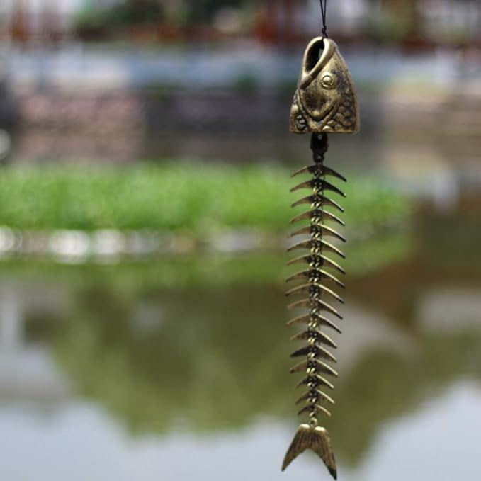 WANLIAN Fish Skeleton Wind Chime, Fish Wind Chime for Patio Porch Garden Balcony Beach House, Soothing Melody Gift for Fishing Lovers Housewarming Birthday Holiday