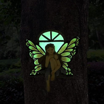Fairy Out The Window Tree Hugger Garden Statue, Glow in The Dark Resin Fairy Figurine Wall Art Sculpture Outdoor Tree Faces Decor for Patio Lawn Yard Ornaments (Red)