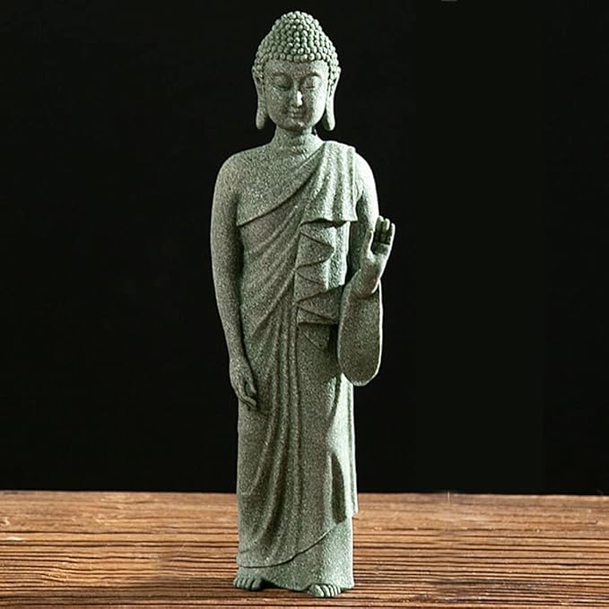 Mini Buda Meditating Buddah Statue-Natural Sandstone Stone -Handmade for Zen Garden Fish Aquarium Tank Yoga Bonsai Micro Landscape Spiritual Fengshui Praying Shui Chakra Decor (standing left hand)