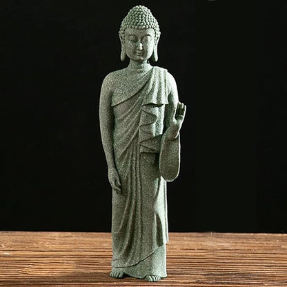 Mini Buda Meditating Buddah Statue-Natural Sandstone Stone -Handmade for Zen Garden Fish Aquarium Tank Yoga Bonsai Micro Landscape Spiritual Fengshui Praying Shui Chakra Decor (standing left hand)
