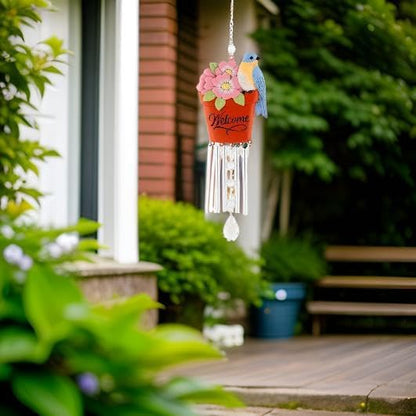 Carson 14" 'Bluebird' Welcome Flower Pot Wind Chime - Floral Chime - Gardening Windchime for Outdoor Decor - Garden Patio Porch