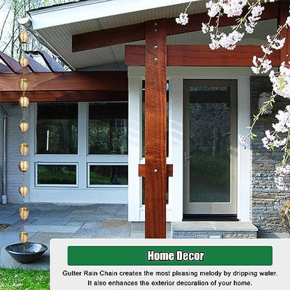 Decorative Rain Chains Waterfall, Hanging Rain Chain Aluminum, Decorative Water Catcher Copper-Plated Cup, Heavy Rain Water Chain for Outside Downspout Gutter, Garden Gift (A 3.2m/9.8 ft)