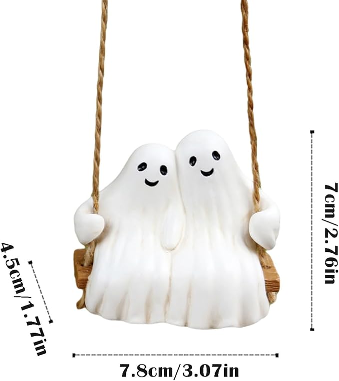 Swing Ghost Couple Garden Statue Outdoor Halloween Decor, 3.1 Inch Cute Ghost Figurine Resin Sculpture Funny Tree Hanging Ornaments for Patio Lawn Yard