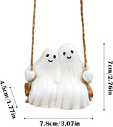 Swing Ghost Couple Garden Statue Outdoor Halloween Decor, 3.1 Inch Cute Ghost Figurine Resin Sculpture Funny Tree Hanging Ornaments for Patio Lawn Yard