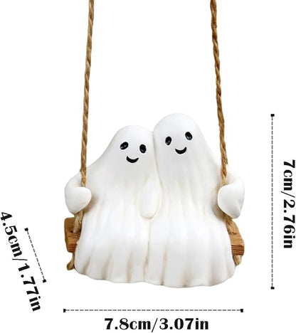 Swing Ghost Couple Garden Statue Outdoor Halloween Decor, 3.1 Inch Cute Ghost Figurine Resin Sculpture Funny Tree Hanging Ornaments for Patio Lawn Yard
