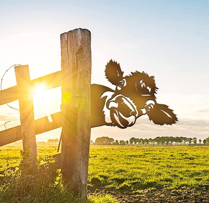 Farm Bear Art Garden Decor Outdoor Decoration, Farm Peeping Cow Metal Art Outdoor Decor, Fence Animals Silhouette Art Decoration for Farmhouse, Yard, Lawn Weather (C)
