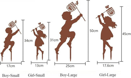 Metal Garden Sculpture Boy Girl Art Silhouette Garden Decor Stakes Iron Outdoor Statues Halloween Yard Decoration (Boy-Small)