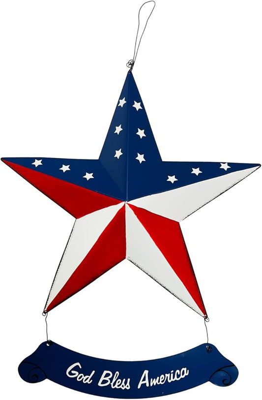Rustic Metal 3D Barn Americana Stars, Patriotic USA Flag Wall Star with God Bless America Sign, July 4th Country Decor for Indoor & Outdoor Wall Decoration