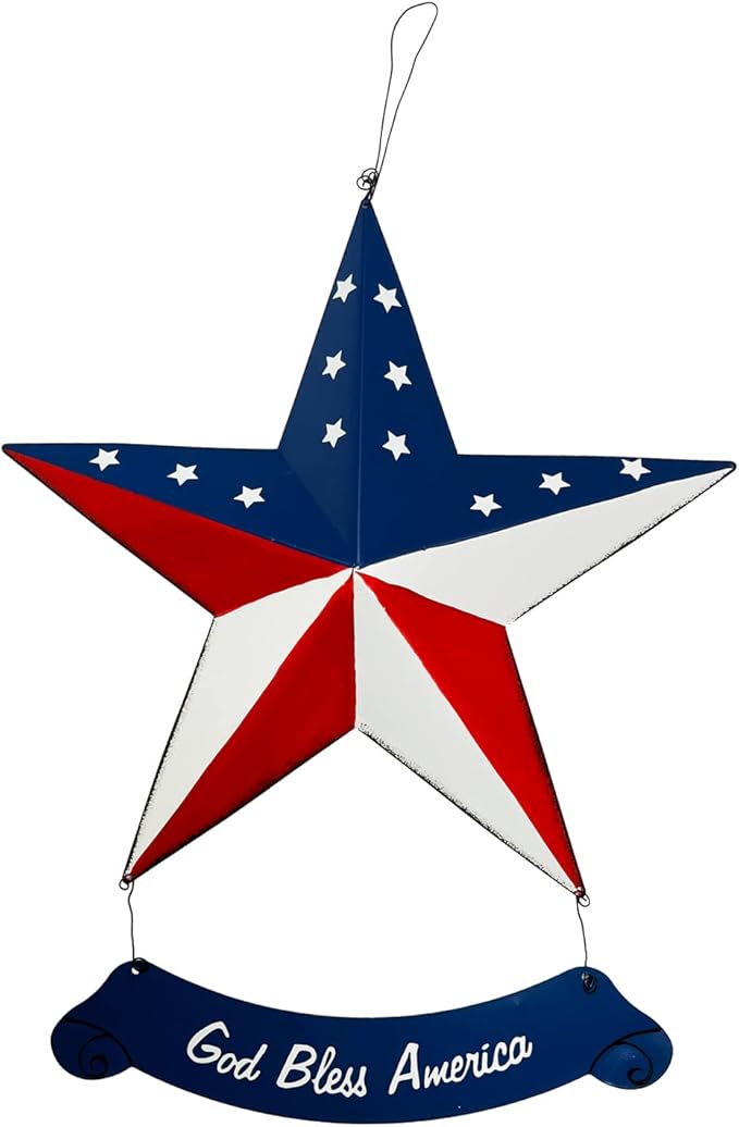 Rustic Hanging Metal American Flag Patriotic Barn Star Wall Door Yard Signs 4th of July White Blue Red Independence Day Memorial Day Decor Indoor Outdoor Stars Wreath Fourth of July Decorations