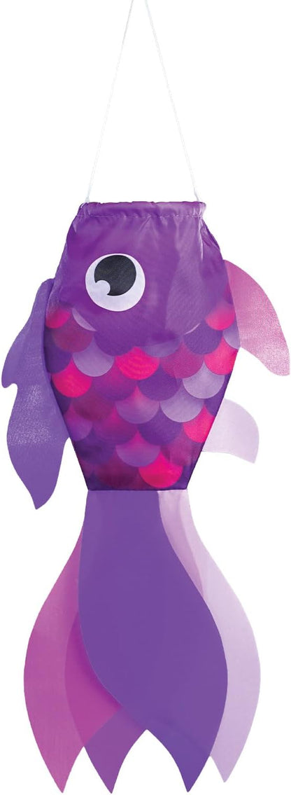 In the Breeze 5222 — 15-inch Lavender Damsel Fish Windsock — Colorful Purple Fishsock Hanging Garden Decor with Detailed Printed Graphics