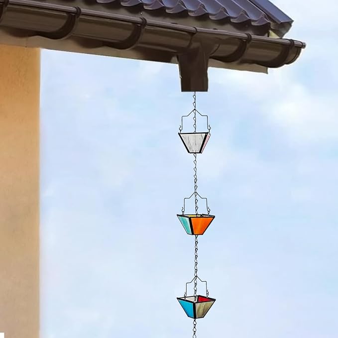 Rain Chain Set 8.5FT,Handmade Pure Copper Inlaid Stained Glass Vintage Style, Rain Chains for Drains to Divert Water & Home Display, Garden Decoration (Mutil col)