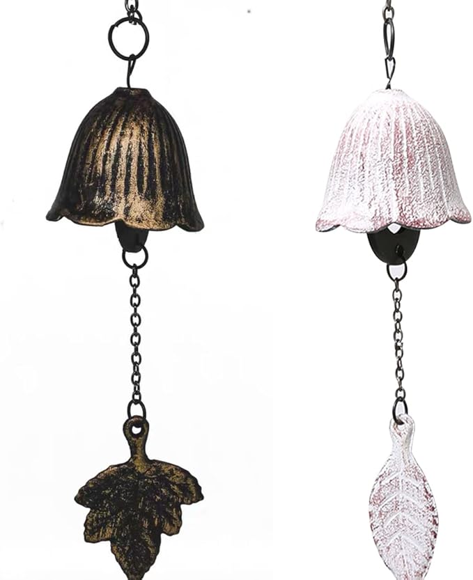 Set of 2, Japanese Traditional Lucky Small Wind Chimes for Outside, Iwachu Cast Iron Bless Temple Wind Bell Outdoor for Good Luck Garden, Patio, Balcony(Vintage and White Leaf