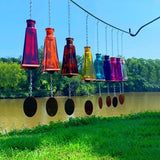 Blue Ridge Mountain Gifts Pyramid Bottle Wind Chime for Garden & Porch Decor w/Cooper Accent, Stained Wooden Ball, & Colorful Glass Bottles - Ideal for Wind Chime Lovers (Lime Green)