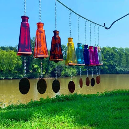 Blue Ridge Mountain Gifts Pyramid Bottle Wind Chime for Garden & Porch Decor w/Cooper Accent, Stained Wooden Ball, & Colorful Glass Bottles - Ideal for Wind Chime Lovers (Lime Green)