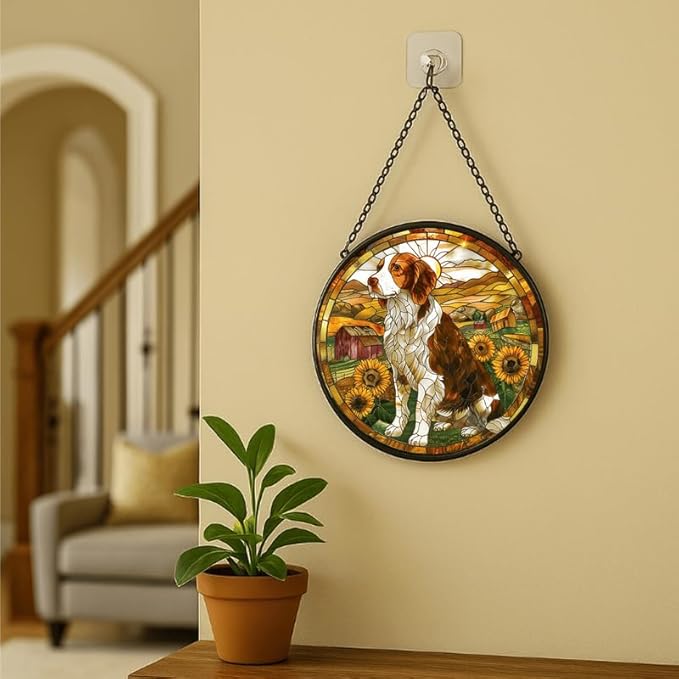 Stained Glass Window Hanging - Farm Dog & Sunflower Field 7.8in Sun Catchers Indoor Stained Glass Panels Wall Decor for Mom, Wife, Lovers, Festive