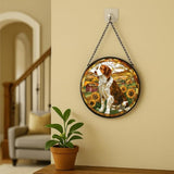 Stained Glass Window Hanging - Farm Dog & Sunflower Field 7.8in Sun Catchers Indoor Stained Glass Panels Wall Decor for Mom, Wife, Lovers, Festive
