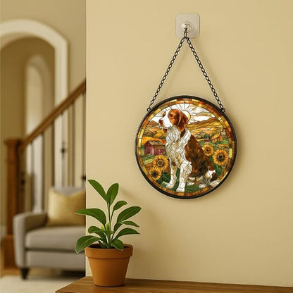 Stained Glass Window Hanging - Farm Dog & Sunflower Field 7.8in Sun Catchers Indoor Stained Glass Panels Wall Decor for Mom, Wife, Lovers, Festive