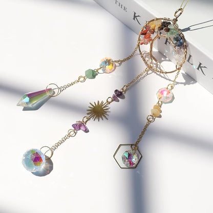 Crystal Sun Catcher, 7 Chakra Tree of Life Crystal Suncatcher Hanging for Indoor Window, Dream Catchers for Car, Spiritual, Rainbow Maker, Garden Home Decor