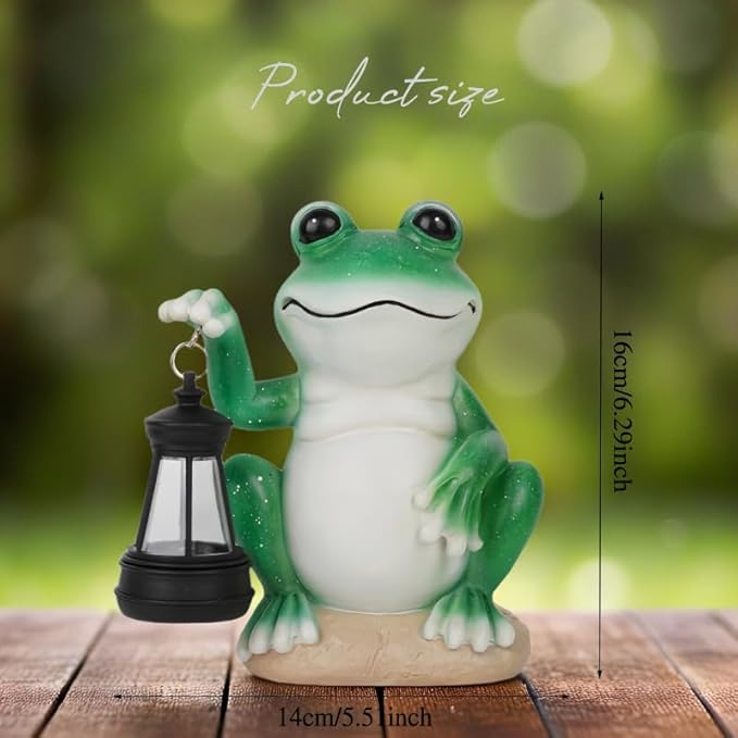 Solar Garden Frog Statue with Solar Lanterns Outdoor Frog Garden Decor Figurine Lights for Patio Balcony Shelf Tabletop Lawn, Unique Housewarming Birthday Thanksgiving Gifts for Women Mom